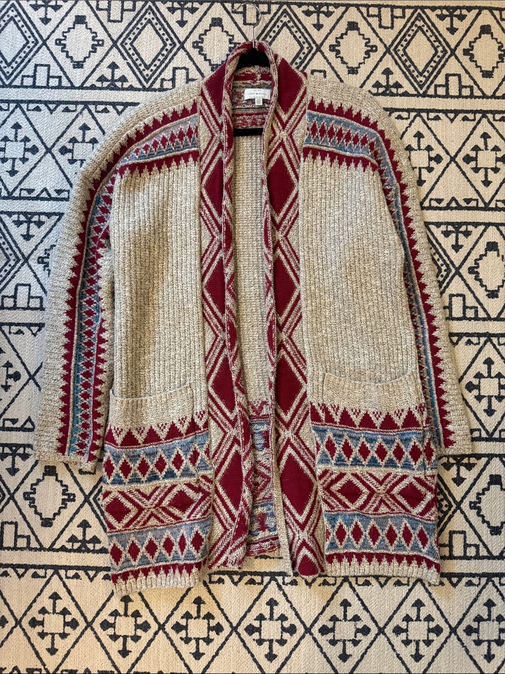 Lucky Brand Beige Open-Front Cardigan with Burgundy & Blue Fair Isle Trim